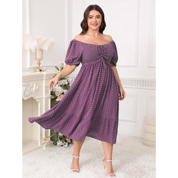 Plus Size Summer Dress Polish Dot Puff Short Sleeve Smocked Ruffle Casual Midi - Picture 5 of 6